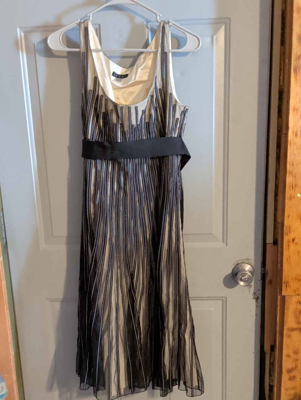 Ivory and Black Beaded Midi Dress with Waist Sash